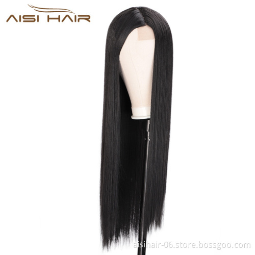 Aisi Hair 26 Inch Natural Black Wig Long Silky Straight Lace Frontal Wig Middle Part Synthetic Front Lace Hair Wigs For Women